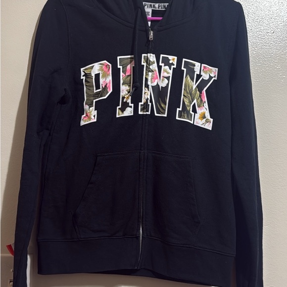PINK Victoria's Secret Sweaters - PINK Victoria's Secret Black Hoodie with Floral Logo